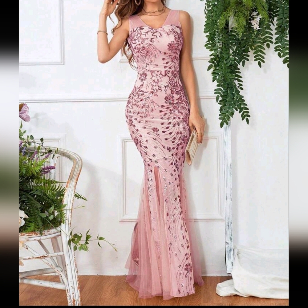Split Thigh Contrast Sequin Mesh Prom Dress, Elegant Formal Evening Gown - Picture 1 of 4